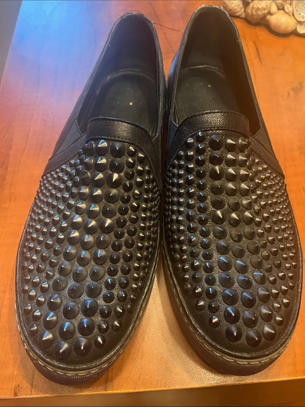 Stuart Weitzman Black Studded Leather Slip-On Sneakers